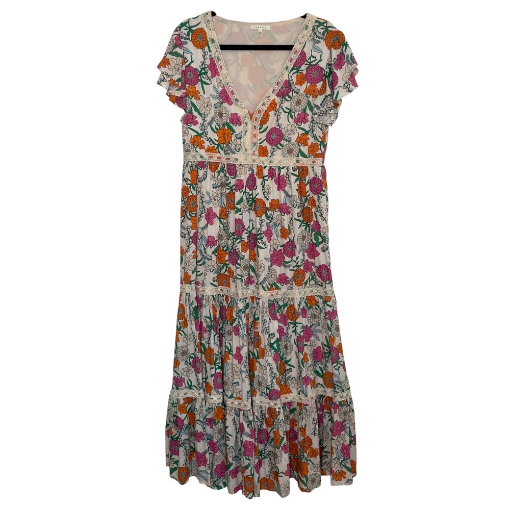 BaeVely Floral Tiered Maxi Dress Womens Size Large White Multi Boho Cottagecore‎